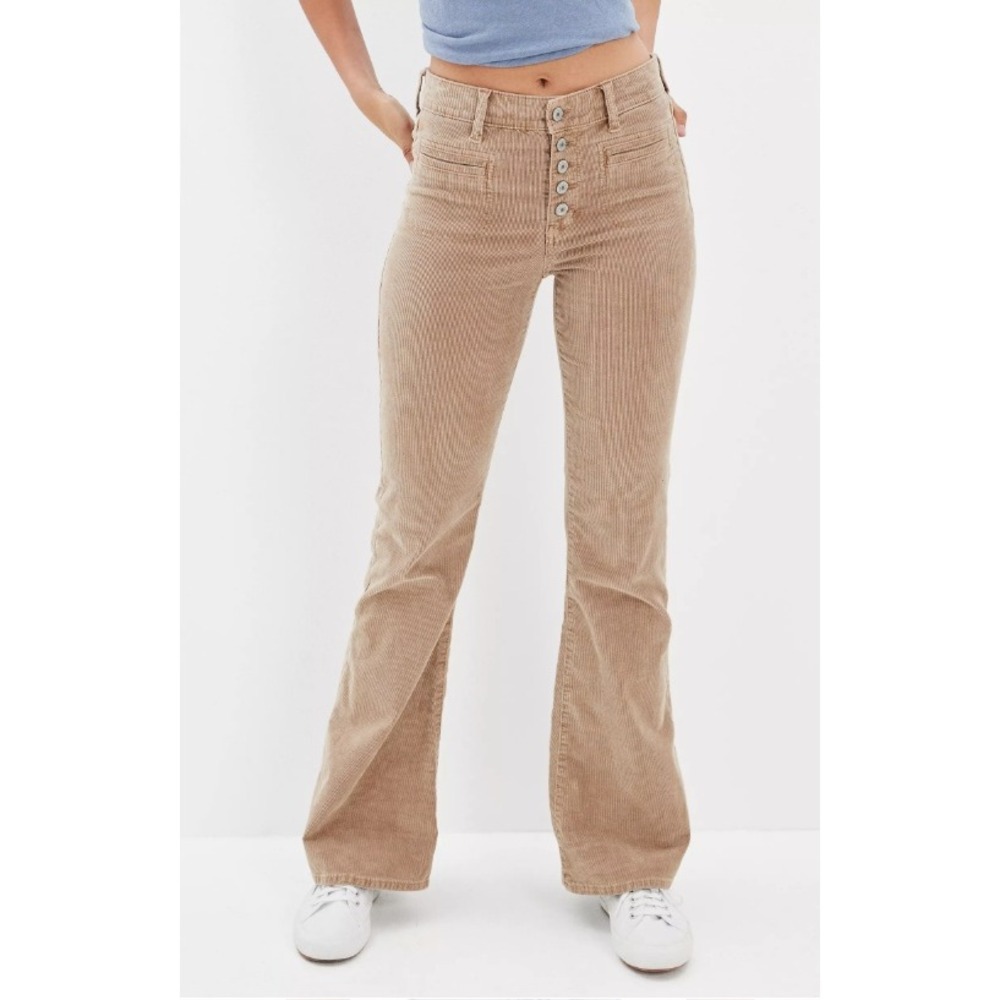 AMERICAN EAGLE Stretch Corduroy Super Hi-Rise Flare Pants Women 8 Tan Button Fly